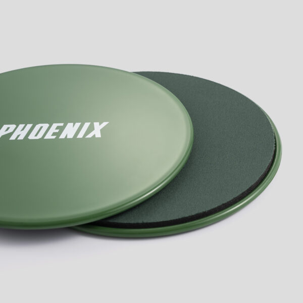 close up of the green core sliders by Phoenix Fitness