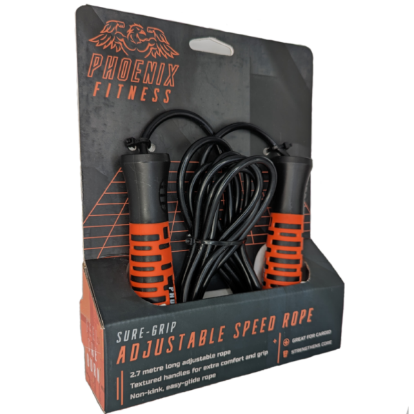 Phoenix adjustable textured and comfortable grip speed skipping rope. Buds Fitness
