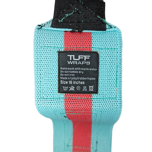 Tuff Wraps. Pink and Teal 16 inch wrist support. Care instructions