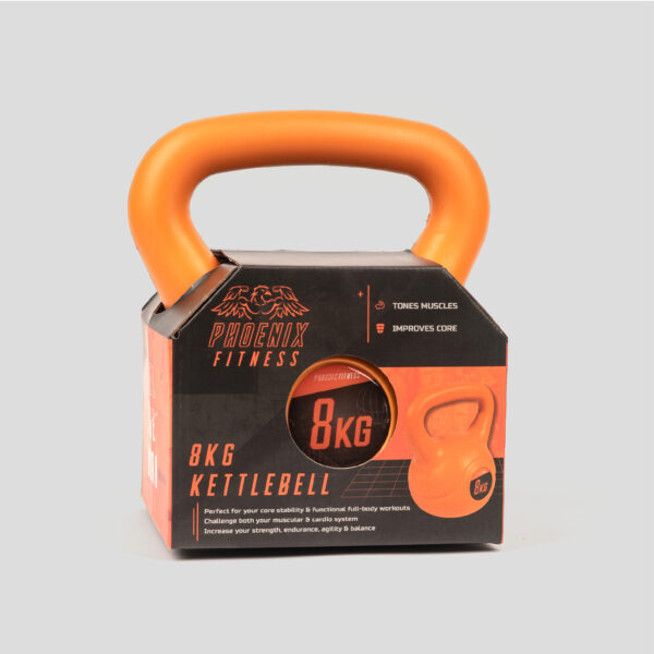 Boxed image of the 8kg Orange Kettlebell from Phoenix Fitness