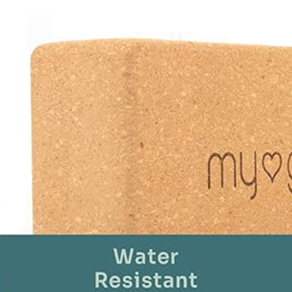 Eco Conscious Cork Yoga Block by Myga. Image shows the water resistant material