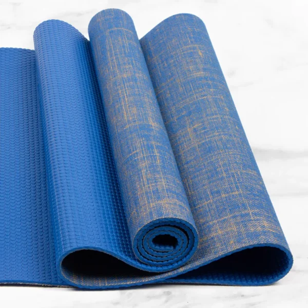 Ecoyoga Jute Mat in Royal Blue - photo highlights the 5mm thick non slip layer