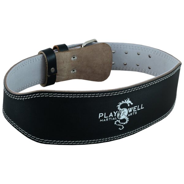 Individual image of the Playwell 4", 2-pin buckle weightlifting belt from the back of the product