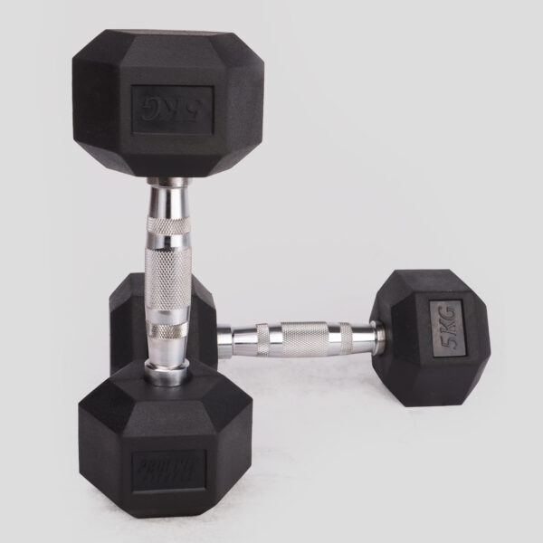 Pair of 5kg Hex Dumbbell, image showing one stood upright and one laying down
