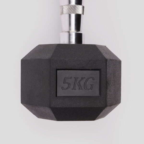 A close up of the 5kg hex dumbbell