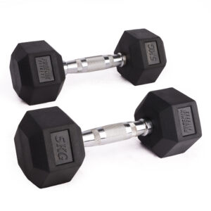 Image of a pair of 5kg hex dumbbell (10kg total weight). Cast Iron weights, covered in anti-slip rubber and finished with chrome handle.