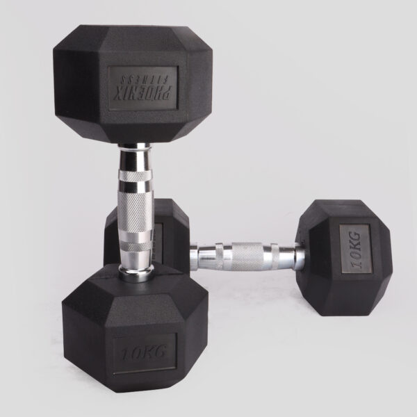 Pair of 10kg Hex Dumbbell, image showing one stood upright and one laying down