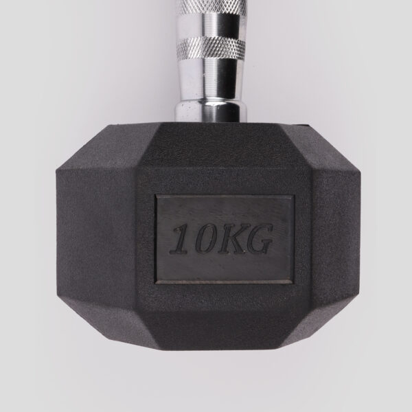A close up of the 10kg hex dumbbell