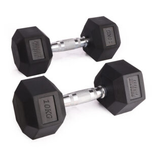 Image of a pair of 10kg hex dumbbell (20kg total weight). Cast Iron weights, covered in anti-slip rubber and finished with chrome handle.