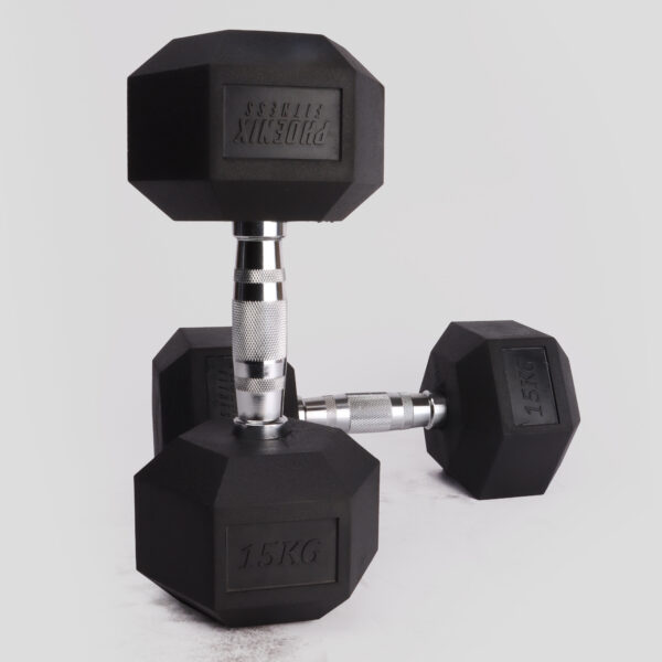 Pair of 15kg Hex Dumbbell, image showing one stood upright and one laying down