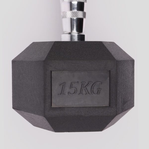 A close up of the 15kg hex dumbbell