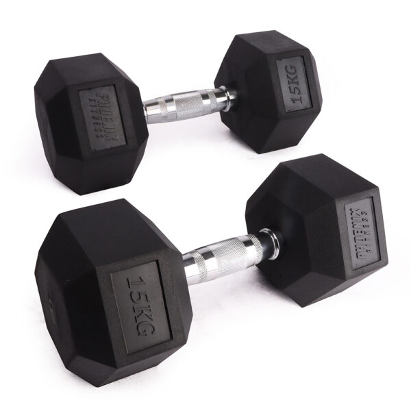 Image of a pair of 15kg hex dumbbell (30kg total weight). Cast Iron weights, covered in anti-slip rubber and finished with chrome handle.