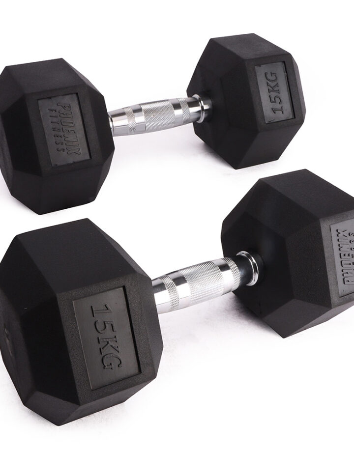 Image of a pair of 15kg hex dumbbell (30kg total weight). Cast Iron weights, covered in anti-slip rubber and finished with chrome handle.