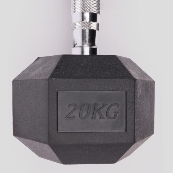 A close up of the 20kg hex dumbbell