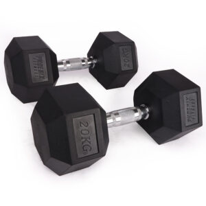 Image of a pair of 20kg hex dumbbell (40kg total weight). Cast Iron weights, covered in anti-slip rubber and finished with chrome handle.