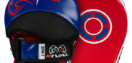 Rvial RPM7, Front and Rear photo of the focus mits highlighting the two tone effect with red striking pads and blue hook and loop wrist support