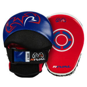 Rvial RPM7, Front and Rear photo of the focus mits highlighting the two tone effect with red striking pads and blue hook and loop wrist support