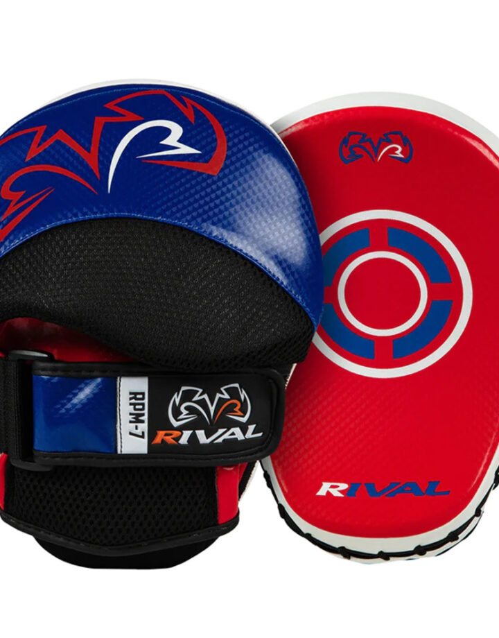 Rvial RPM7, Front and Rear photo of the focus mits highlighting the two tone effect with red striking pads and blue hook and loop wrist support