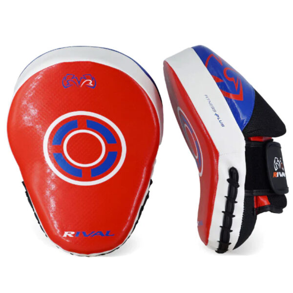 Front and side photo of the RIVAL RPM7 Focus Mitts with Red Striking zone