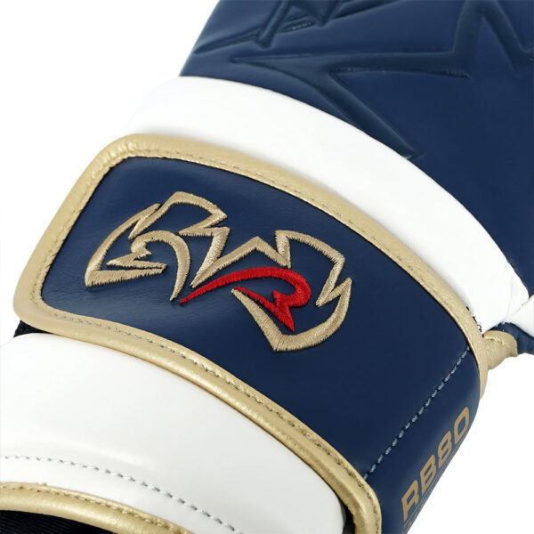 RS80V Sparing Gloves. Close up of the embroidered logo on the Velcro Wrist Strap