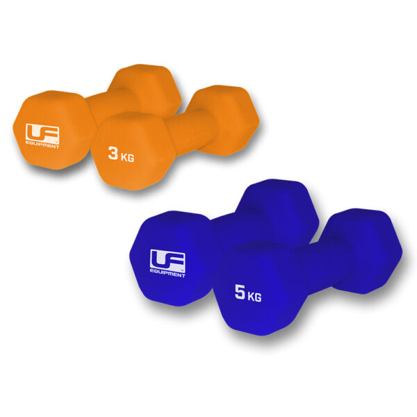 Buds Fitness, Neoprene Hand Dumbbells. 3kg in orange, and 5kg in Blue. Cast Iron with Neoprene coating by Urban Fitness