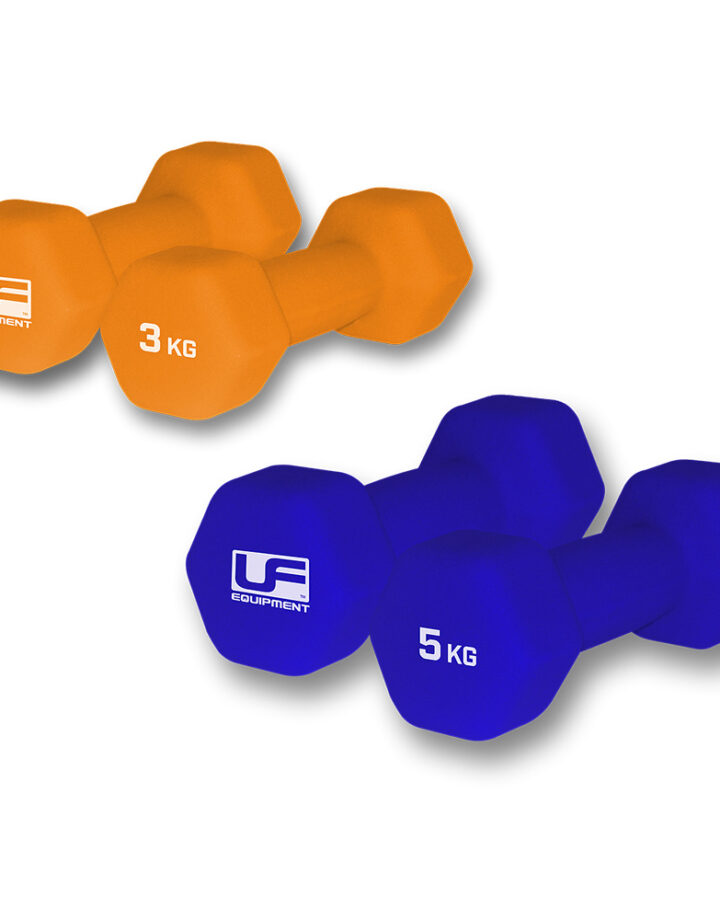 Buds Fitness, Neoprene Hand Dumbbells. 3kg in orange, and 5kg in Blue. Cast Iron with Neoprene coating by Urban Fitness