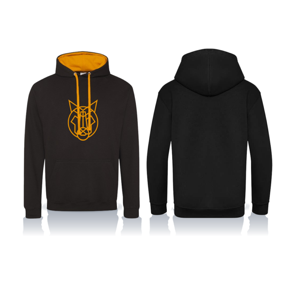 Front and back of Buds Fitness Black Hoodie with traditional design. Orange Inner Hood