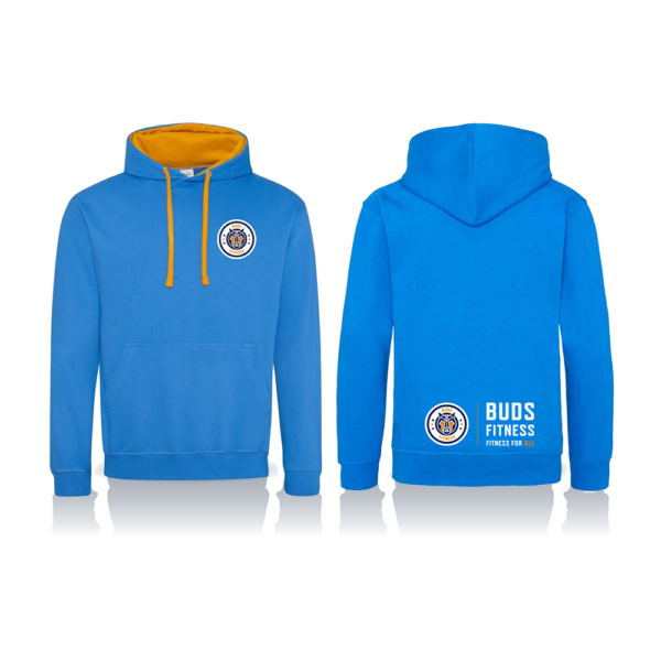 Buds Fitness, Blue and Orange Hoodie. Front and Back