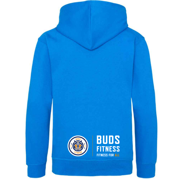Rear of our Blue and Orange Buds Fitness Hoodie.
