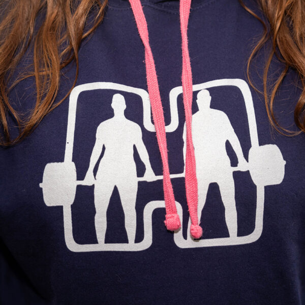 Together We Lift, Navy Hoodie. Front Logo with Pink String