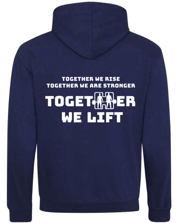 Logo on the rear of the Together We Lift Navy Hoodie
