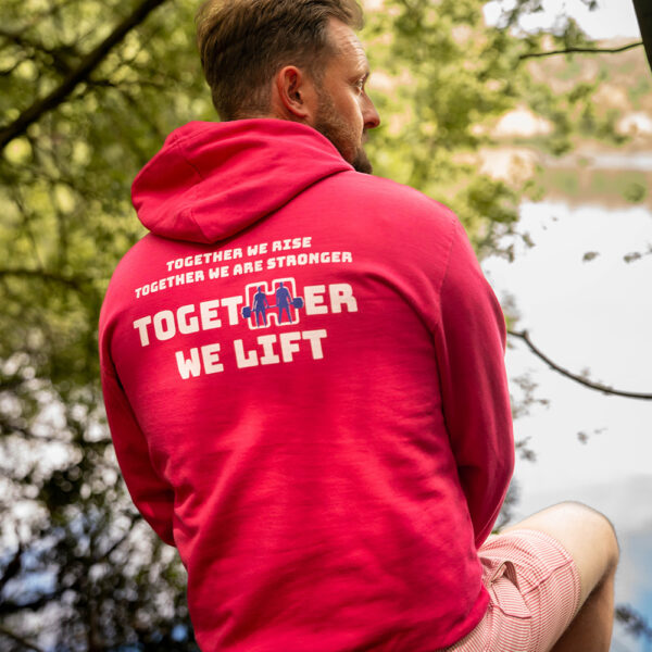 Pink Mental Health Hoodie rear design. Together We rise, Together We Are Stronger. Together We Lift