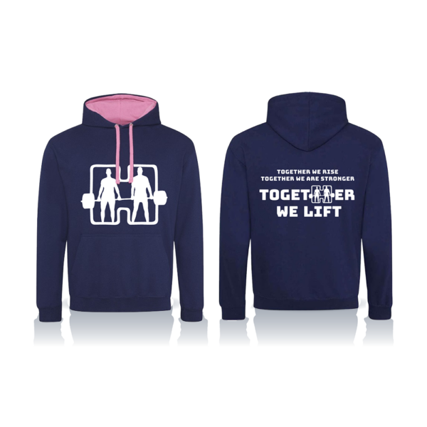 Front and back of Navy Together We Lift Hoodie, with Pink inner hood and tassel