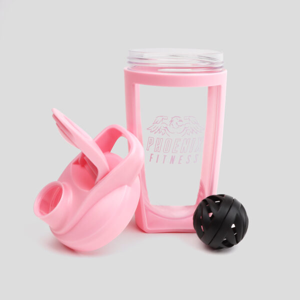 Open Pink protein shaker. Complete with 600ml bottle, pink flip top lid and black mixer ball