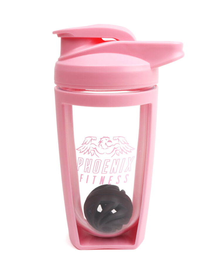 Pink 600ml Protein Shaker on white background =