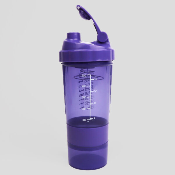 Purple protein shaker with open lid