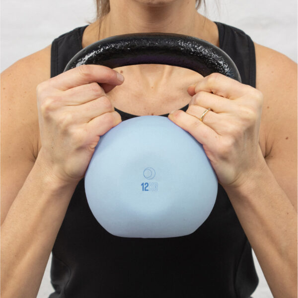 12kg neoprene coated cast iron kettlebell held with two hand grip