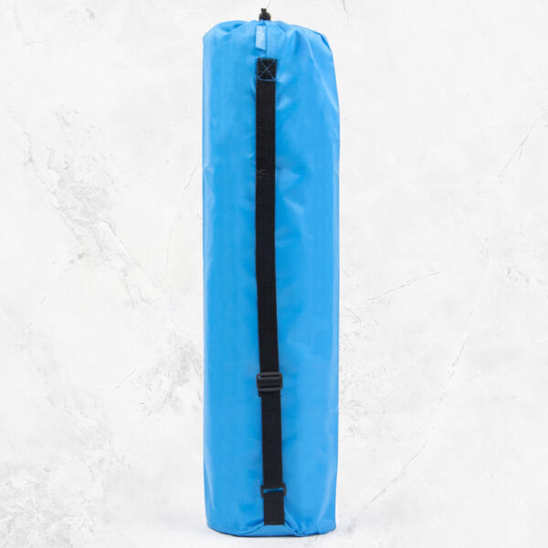 Black Drawstring on Blue Yoga mat carry bag.