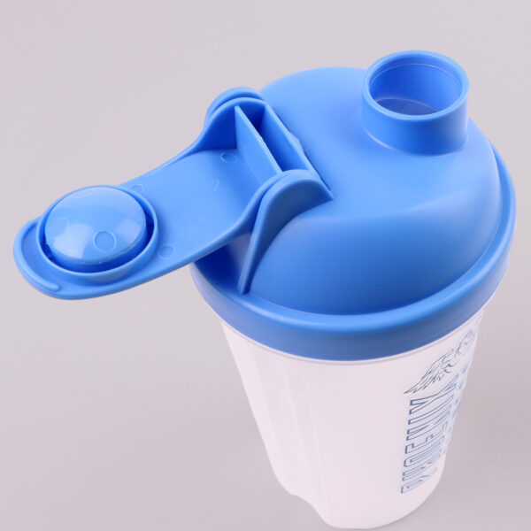 Blue protein shaker with open lid